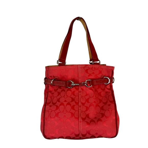 Coach LTD Signature C Belted Canvas Purse Satchel Carryall Tote Bag Red Tan - Picture 8 of 14